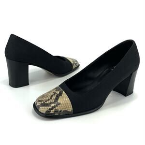 Coca By Maraolo Block Heel Pump Size 8.5 Black Fabric/Snake Print Leather Padded